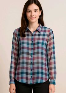 Sheer Plaid Button-Down Top
