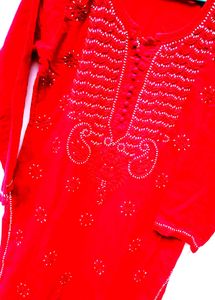 Handwork Chikenkari Red Embroidered Kurta