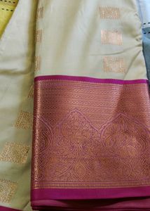 Brand New Silk Saree Cream Color With Pink Border