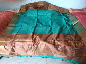 Handwoven Silk Plaid Fabric Saree -SeaGreen