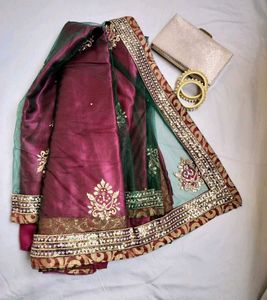 Maroon &amp; Green Embroidered saree