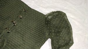 Olive Green Peplum Top With Balloon Sleeves