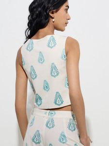 Ivory Ikat Print Waistcoat Top