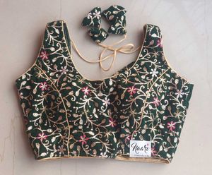 Dark Green Embroidered Velvet Blouse