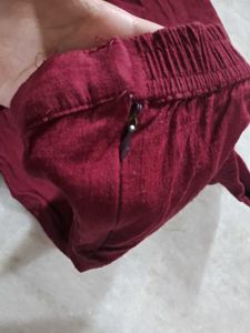 Mom Fit Maroon Cotton Trousers With Zip