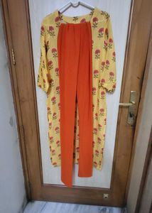 Yellow Floral Print Tunic With Matching Churidar