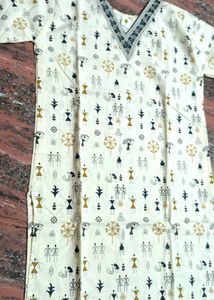 Cream Printed V-neck Kurthi.