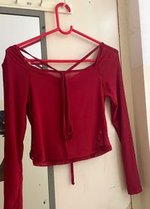 Square Neck Mesh Red Sleeve Crop Top