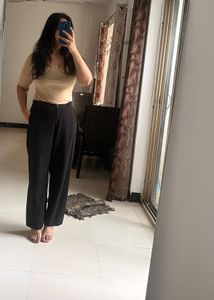 Nude Ribbed Top And Black Straight Pants Coord New