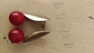 Vintage Red Ball & Gold Tone Leaf Earrings