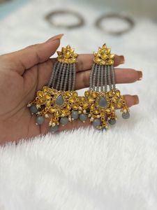 Elegant Grey & Gold Dangle Earrings