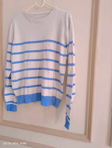 White Coloured Sweatshirt With Blue Strip For Men