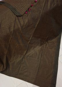 Pure Handloom Dark Brown Colour Saree With GoldenStrip