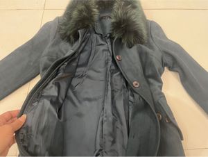 Furry Neck Teal Color Thigh Length Coat