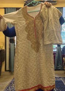 Golden Embroidered Cotton Kurta Set
