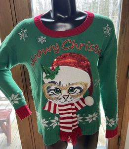 cat and sequins with scarf Christmas Sweater