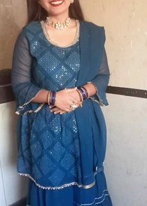 Teal Blue Sequin Embroidered Shot Fruk Sharara