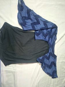 Elegant Navy Blue &amp; Black Dual Fabric Top