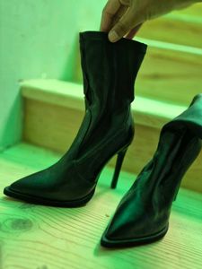 Black Leather Stiletto Sock Booties
