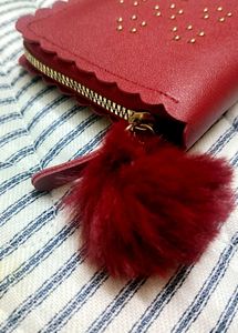 Red Studded Wallet with Pom-Pom