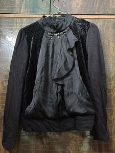 Ruffled Embellished black velvet satin winter top