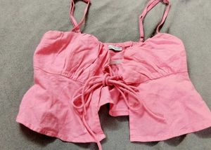 Pink Tie-Front Crop Top