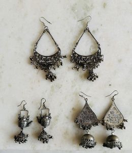 Set Of 3 Oxidised Jhumka Earrings