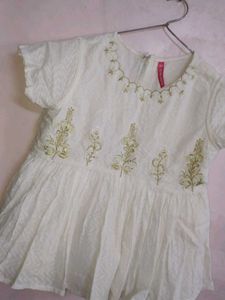 White Embroidered Top With Green Printed Skirt