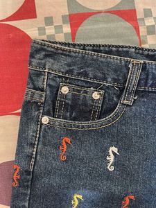 Denim Shorts with Seahorse Embroidery
