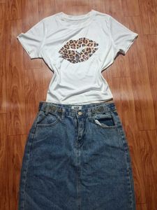 leopard print y2k style tee & jeans skirt combo
