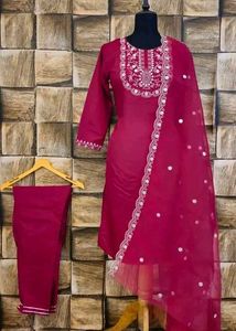 Maroon Embroidered Kurti Bottom And Dupatta Set