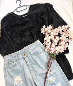 🎁 Buy1 Get1 Free Black Fuzzy V-Neck Sweater F