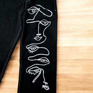 Black Wide-Leg Artistic Face Print Pants