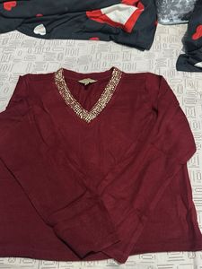 Burgundy Embellished V-Neck Top New