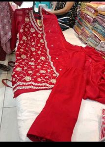 Red Embroidered Kurta Set