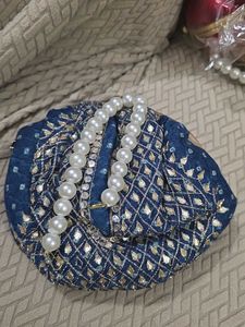 Blue Embroidery Potli Clutch With Pearl Handle