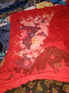 New Cherry Red Heavy Saree With Attached