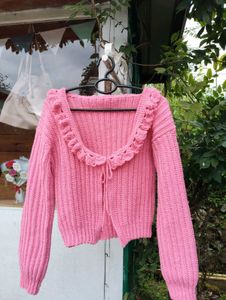 Pink Crocheted Cardigan Sweater