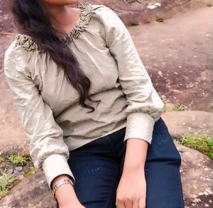 Ruffled Neck Long Sleeve Top