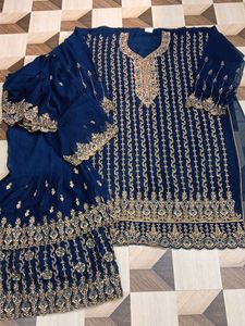 Elegant Blue Embroidered Kurta garara Set