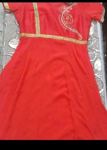 Red &amp; Gold Embroidered Anarkali Dress