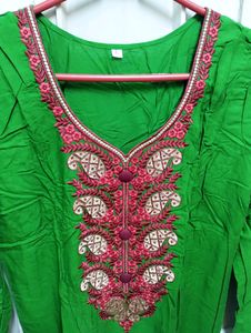 New Green Cotton Silk Kurta With Embroidery