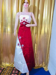 Elegant Red & White Embroidered Gown