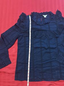 Navy Eyelet Ruffle Blouse
