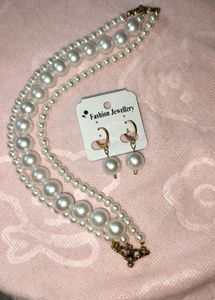 Three Layer White Pearl Necklace With Earrings
