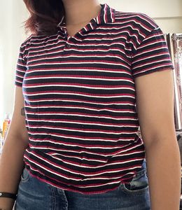 BARE Denim Striped Red White Black Polo Tee