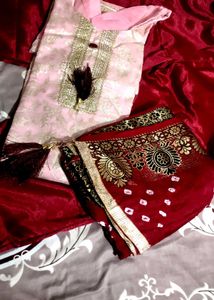 Pink And Maroon Kurta Pant Dupatta