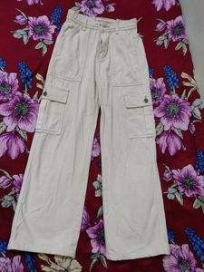 Beige Wide Leg Cargo Pants