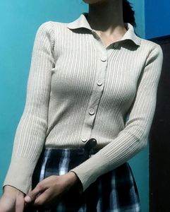 Collared Ribbed Button Detailed Top