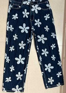 Navy Blue Flower Printed Denim Jeans